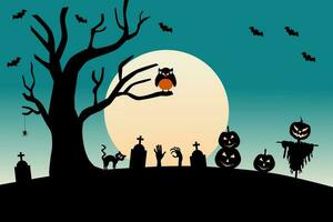 Halloween pieno Luna notte sfondo, gufo, spaventapasseri zucche, lapide, e pipistrelli. vettore illustrazione.