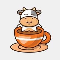 carino mucca addormentato nel un' tazza di caffè vettore cartone animato illustrazione