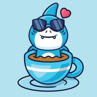 carino squalo nel un' tazza di caffè vettore cartone animato illustrazione