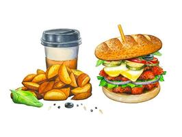 mano disegnato hamburger, caffè ,rustico patate. acquerello Fast food illustrazione. vettore