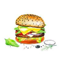 acquerello hamburger al formaggio con formaggio, cipolla, pomodoro illustrazione vettore