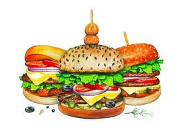 tre hamburger, mano disegnato, veloce cibo acquerello illustrazione. vettore