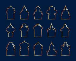 impostato di islamico d'oro finestre o archi. linea silhouette. orientale stile porta, telaio, cancello. Ramadan kareem e eid mubarak vacanza. tradizionale Arabo, musulmano cultura design per etichetta, cartello, etichetta vettore