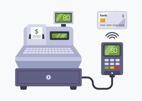 pagamento in negozio con carta di credito. pagamento senza contatto tramite un registratore di cassa in un supermercato. illustrazione vettoriale piatto.