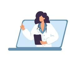 femmina personaggio medico in linea nel computer portatile, visitare medico utilizzando in linea tecnologia con paziente File, prescrivere farmaci. cartone animato persone piatto vettore illustrazione