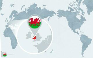 Pacifico centrato mondo carta geografica con ingrandita Galles. bandiera e carta geografica di Galles. vettore