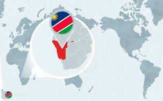 Pacifico centrato mondo carta geografica con ingrandita namibia. bandiera e carta geografica di namibia. vettore