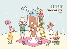 le persone stanno preparando insieme una gigantesca bevanda al cioccolato alla menta. stile design piatto minimo illustrazione vettoriale. vettore