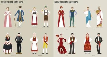 una collezione di costumi tradizionali per paese. Europa. illustrazioni di disegno vettoriale. vettore