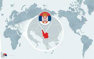 Pacifico centrato mondo carta geografica con ingrandita Serbia. bandiera e carta geografica di Serbia. vettore