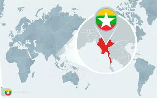 Pacifico centrato mondo carta geografica con ingrandita Myanmar. bandiera e carta geografica di Myanmar. vettore