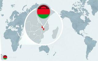 Pacifico centrato mondo carta geografica con ingrandita Malawi. bandiera e carta geografica di Malawi. vettore