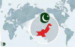 Pacifico centrato mondo carta geografica con ingrandita Pakistan. bandiera e carta geografica di Pakistan. vettore