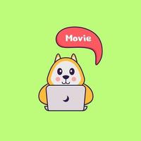 simpatico cane sta guardando un film. concetto animale del fumetto isolato. può essere utilizzato per t-shirt, biglietti di auguri, biglietti d'invito o mascotte. stile cartone animato piatto vettore