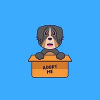 simpatico cane in scatola con poster adottami. concetto animale del fumetto isolato. può essere utilizzato per t-shirt, biglietti di auguri, biglietti d'invito o mascotte. stile cartone animato piatto vettore