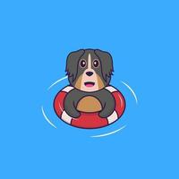 simpatico cane sta nuotando con una boa. concetto animale del fumetto isolato. può essere utilizzato per t-shirt, biglietti di auguri, biglietti d'invito o mascotte. stile cartone animato piatto vettore