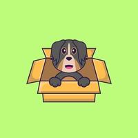 simpatico cane che gioca nella scatola. concetto animale del fumetto isolato. può essere utilizzato per t-shirt, biglietti di auguri, biglietti d'invito o mascotte. stile cartone animato piatto vettore