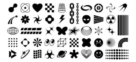 y2k icone. 70s delirio pop simboli, futuristico stelle, pianeta e alieno, emoticon spirali. retrò manifesto geometrico simboli. isolato minimo Groovy vettore impostato