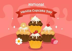 nazionale vaniglia Cupcake giorno vettore illustrazione su 10 novembre di cupcakes con fragola e vaniglia crema nel piatto cartone animato rosa sfondo design