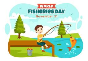 mondo pesca giorno vettore illustrazione di bambini pescatore con pesca asta su barca a il mare per proteggere acquatico ecosistemi e preservare biodiversità