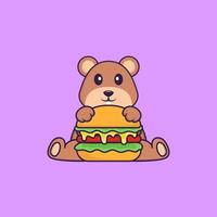 simpatico scoiattolo che mangia hamburger. concetto animale del fumetto isolato. può essere utilizzato per t-shirt, biglietti di auguri, biglietti d'invito o mascotte. stile cartone animato piatto vettore