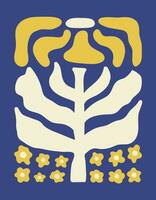 astratto botanico manifesto con vario fiorire Groovy fiori su un' blu sfondo. ingenuo arte arredamento. di moda mano disegnato vettore illustrazione