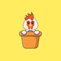 simpatico pollo in un vaso di fiori. concetto animale del fumetto isolato. può essere utilizzato per t-shirt, biglietti di auguri, biglietti d'invito o mascotte. stile cartone animato piatto vettore