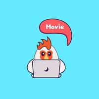 pollo carino sta guardando un film. concetto animale del fumetto isolato. può essere utilizzato per t-shirt, biglietti di auguri, biglietti d'invito o mascotte. stile cartone animato piatto vettore