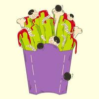 francese patatine fritte con sangue e vermi per Halloween. veloce cibo vettore illustrazione nel retrò cartone animato stile.