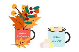 impostato di 2 tazze con autunno e inverno scritte, un' mazzo di autunno le foglie e caldo con marshmallow vettore
