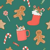 Vintage ▾ Natale senza soluzione di continuità modello con dolci, Pan di zenzero, caramella, i regali su verde sfondo. retrò cartone animato vettore illustrazione. contento nuovo anno
