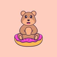 simpatico orso è seduto su ciambelle. concetto animale del fumetto isolato. può essere utilizzato per t-shirt, biglietti di auguri, biglietti d'invito o mascotte. stile cartone animato piatto vettore