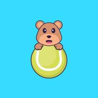 simpatico orso che gioca a tennis. concetto animale del fumetto isolato. può essere utilizzato per t-shirt, biglietti di auguri, biglietti d'invito o mascotte. stile cartone animato piatto vettore