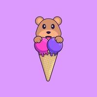 simpatico orsetto con gelato dolce. concetto animale del fumetto isolato. può essere utilizzato per t-shirt, biglietti di auguri, biglietti d'invito o mascotte. stile cartone animato piatto vettore