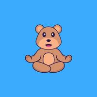 simpatico orso sta meditando o facendo yoga. concetto animale del fumetto isolato. può essere utilizzato per t-shirt, biglietti di auguri, biglietti d'invito o mascotte. stile cartone animato piatto vettore