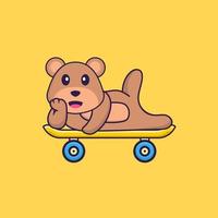 simpatico orso sdraiato su uno skateboard. concetto animale del fumetto isolato. può essere utilizzato per t-shirt, biglietti di auguri, biglietti d'invito o mascotte. stile cartone animato piatto vettore