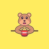 simpatico orso che mangia spaghetti ramen. concetto animale del fumetto isolato. può essere utilizzato per t-shirt, biglietti di auguri, biglietti d'invito o mascotte. stile cartone animato piatto vettore