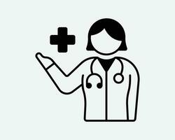 femmina medico icona donna signora ragazza infermiera assistenza sanitaria lavoratore medico medico medico ufficiale specialista nero bianca schema clipart vettore cartello simbolo