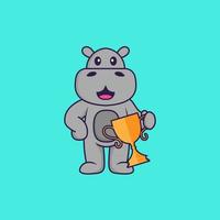 simpatico ippopotamo che tiene il trofeo d'oro. concetto animale del fumetto isolato. può essere utilizzato per t-shirt, biglietti di auguri, biglietti d'invito o mascotte. stile cartone animato piatto vettore