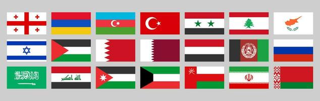 nazione bandiere di Georgia, Armenia, Azerbaigian, tacchino, Siria, Libano, Cipro, Israele, palestinese, Bahrein, Qatar, yemen, afghanistan, Russia, Arabia arabia, Iraq, Giordania, Kuwait, Oman, mi sono imbattuto vettore