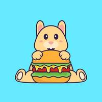 simpatico coniglio che mangia hamburger. concetto animale del fumetto isolato. può essere utilizzato per t-shirt, biglietti di auguri, biglietti d'invito o mascotte. stile cartone animato piatto vettore