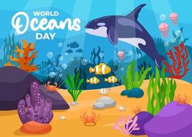 salvare l'oceano. design della giornata mondiale degli oceani con oceano sottomarino. vettore