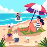 donna in vacanza viene in spiaggia a fare il bagno e poi si riposa sotto l'ombrellone. vettore