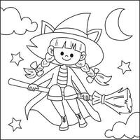 carino strega volante su un' scopa Halloween colorazione pagina per ragazzo vettore Immagine