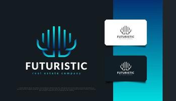 design futuristico del logo immobiliare in sfumatura blu. costruzione, architettura o costruzione del logo design vettore