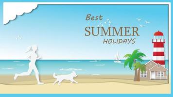illustrazione vettoriale di carta pieghevole arte stile origami. la donna e il suo cane corrono sulla bellissima spiaggia, sul mare e sullo sfondo del faro in felice estate.