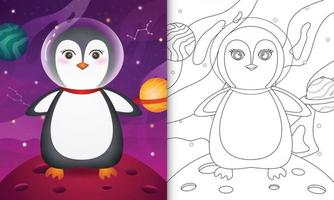 libro da colorare per bambini con un simpatico pinguino nella galassia spaziale vettore