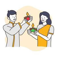 contento Diwali cartone animato persone personaggio con piatto stile illustrazione vettore