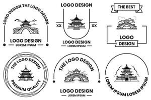 Cinese edificio o giapponese edificio logo nel piatto linea arte stile vettore