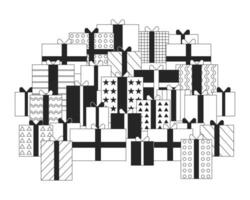 mucchio di i regali nero Venerdì nero e bianca 2d linea cartone animato oggetto. mucchio regali informatica Lunedi isolato vettore schema elemento. pila di pacchi per leale i clienti monocromatico piatto individuare illustrazione